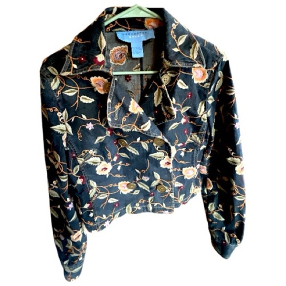 Doncaster Dark Denim Floral Embroidered Jean Jacket Cropped Boho Peacoat Size 10 - Picture 9 of 12